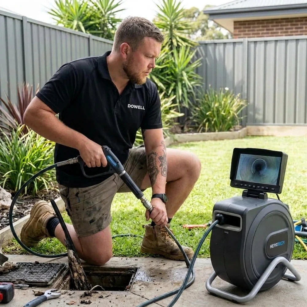 Adelaide plumber inspecting a blocked drain with a CCTV drain camera