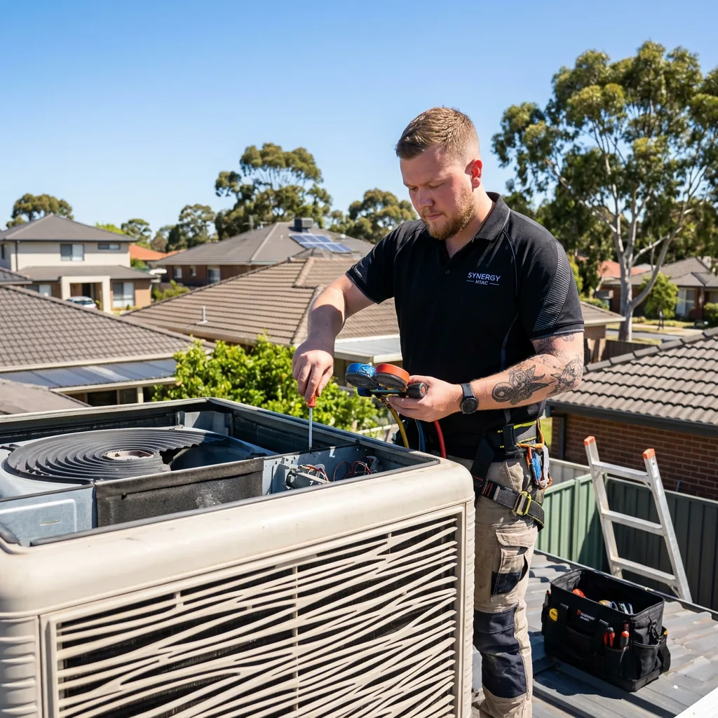 Evaporative cooling and gas heating technician servicing a home comfort unit